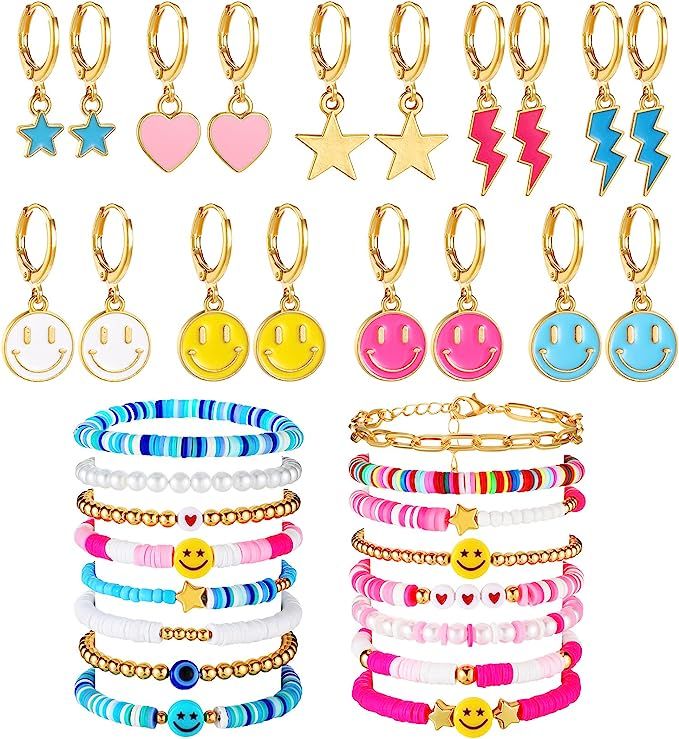 Junkin 25 Pcs Preppy Bracelets and Earrings Smile Face Jewelry Set Y2k Trendy Clay Pearl Evil Eye... | Amazon (US)