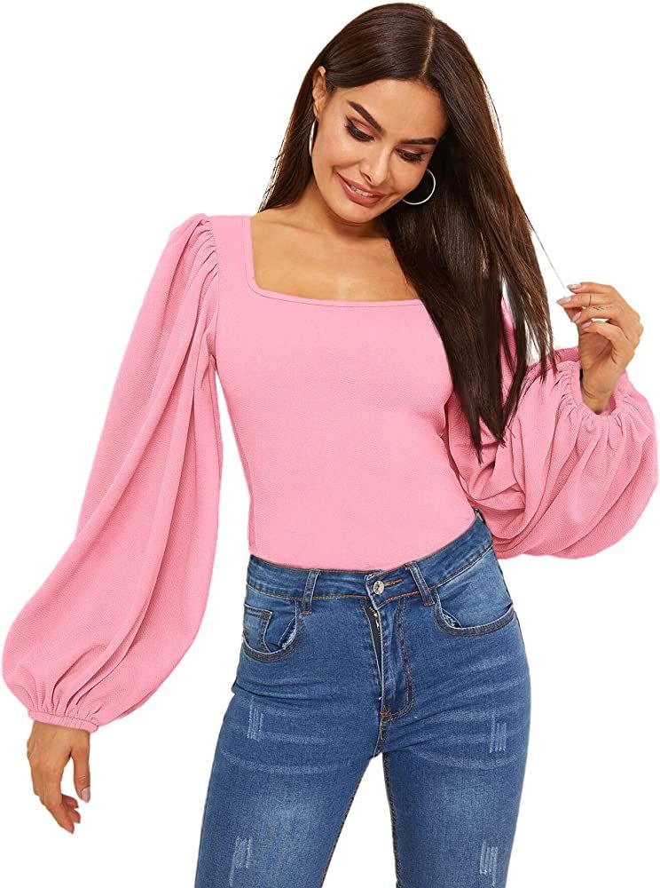 Romwe Women's Long Puff Sleeve Square Neck Slim Fit Crop Tops Blouse Sweatshirt | Amazon (US)