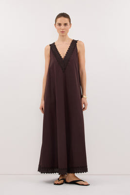 ANNABEL BURNT CHOC SLEEVELESS V NECK MIDI DRESS | DISSH