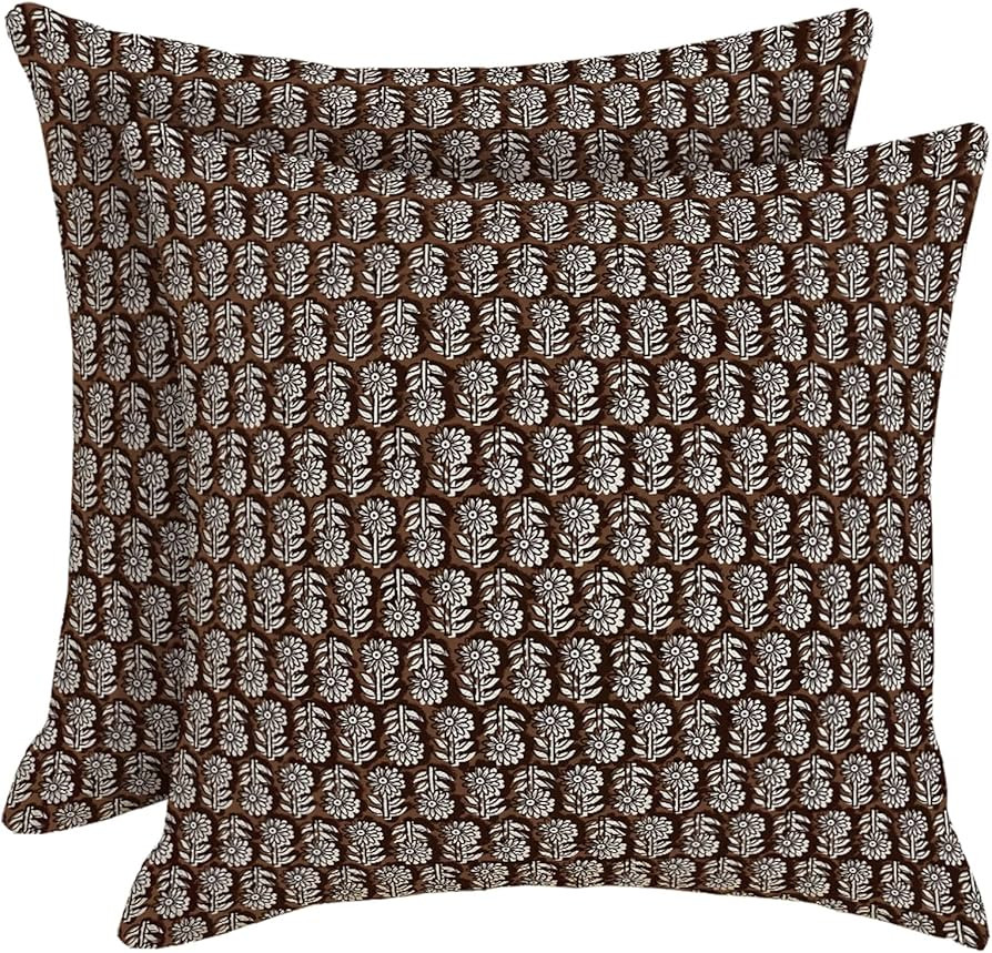 HOSTECCO Block Print Throw Pillow Covers 20x20 inch Set of 2 Vintage Floral Brown Pillow Cases Ne... | Amazon (US)