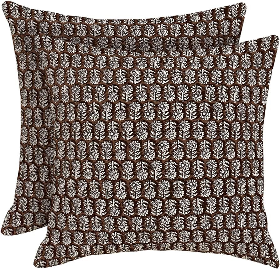 HOSTECCO Block Print Throw Pillow Covers 20x20 inch Set of 2 Vintage Floral Brown Pillow Cases Ne... | Amazon (US)
