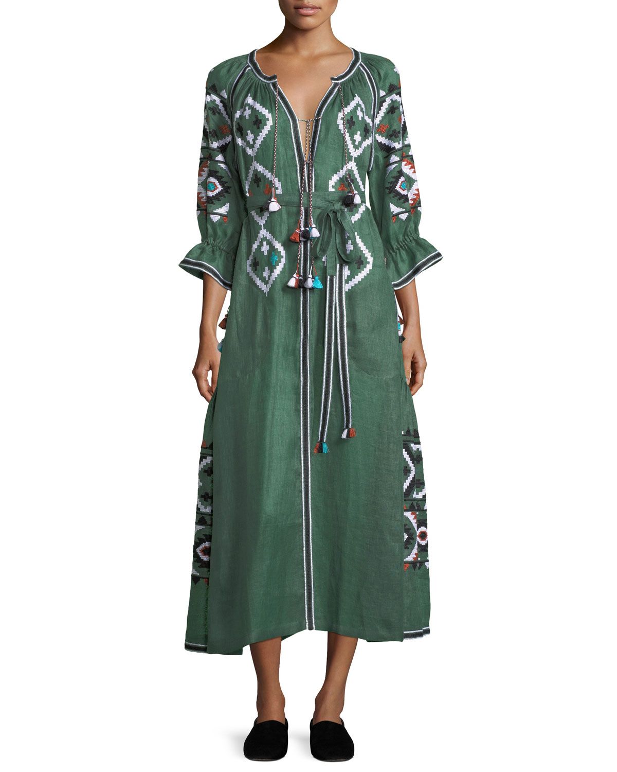 Fatima's Eye Diamond-Embroidered Belted Linen Dress | Neiman Marcus