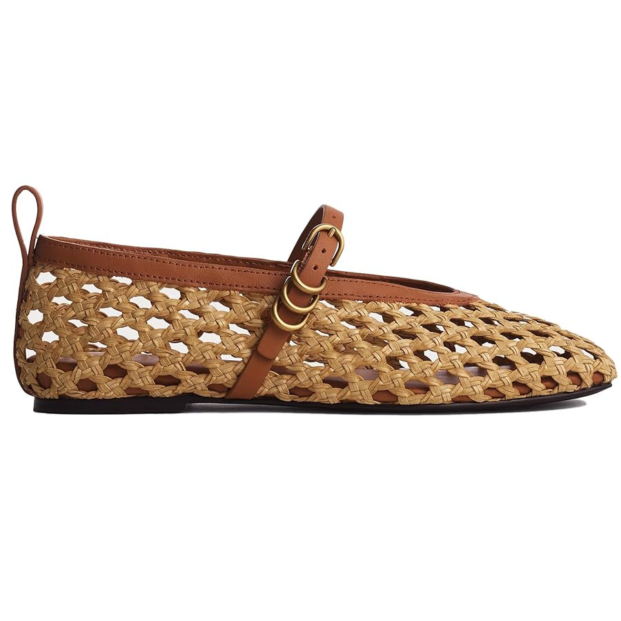 Raffia Woven Mesh Ballet Flats for Women Comfortable Metal Buckle Strap Mary Jane Ballet Flats Ca... | Amazon (US)