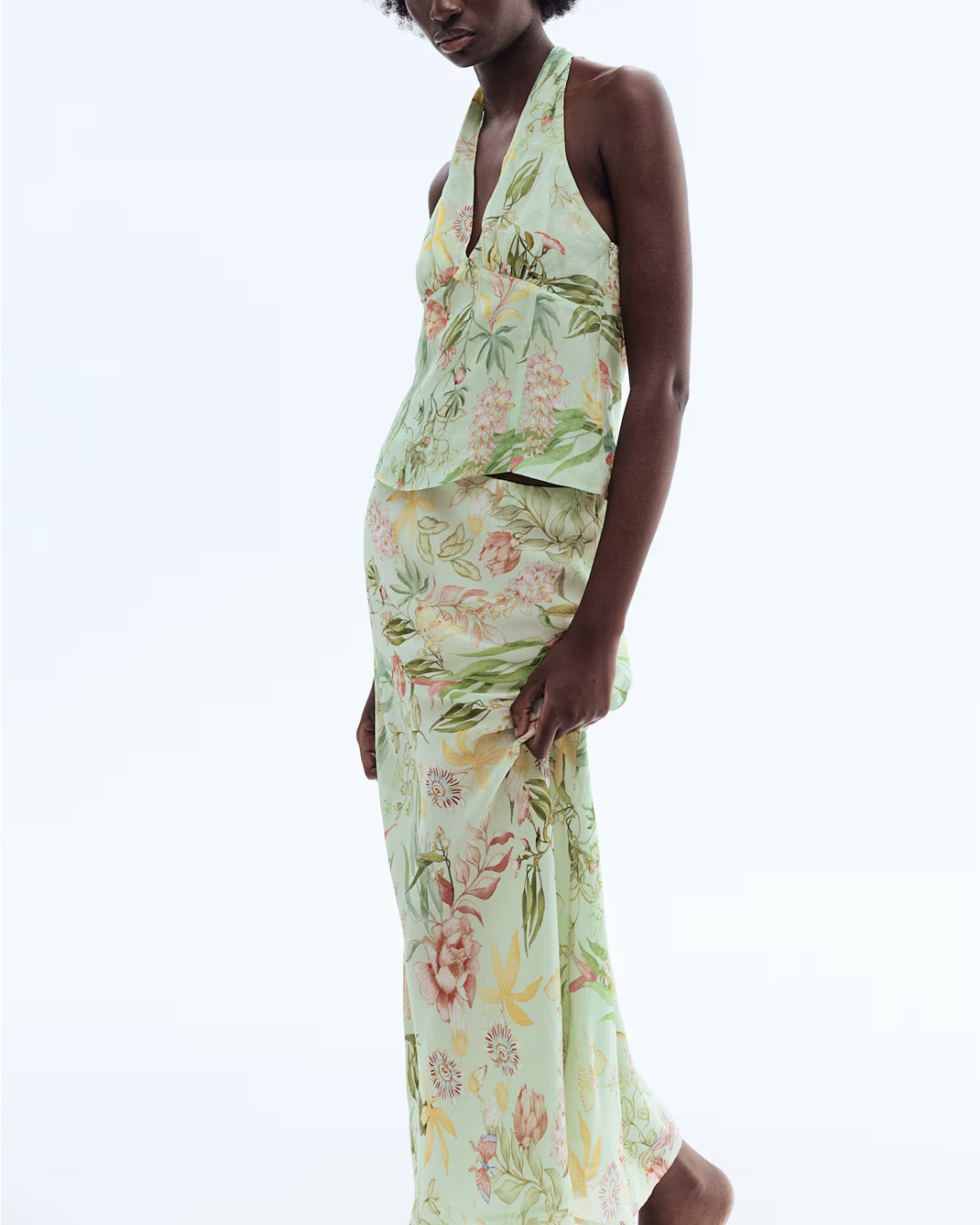 Green tropical floral print halter top and midi skirt matching set 

#LTKSeasonal