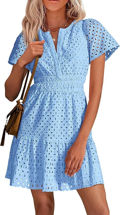 PRETTYGARDEN Womens 2026 Summer Short Dress V Neck Short Sleeve A Line Hollow Out Lace Cute Casua... | Amazon (US)