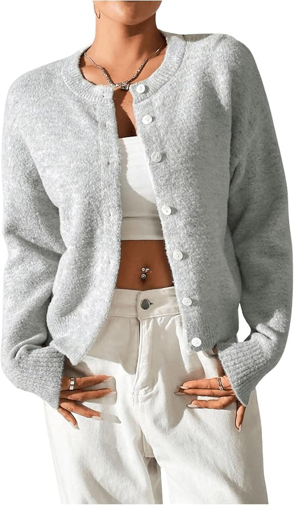 SweatyRocks Women's Fall Button Down Lightweight Cardigan Ribbed Knit Long Sleeve Crew Neck Sweat... | Amazon (US)