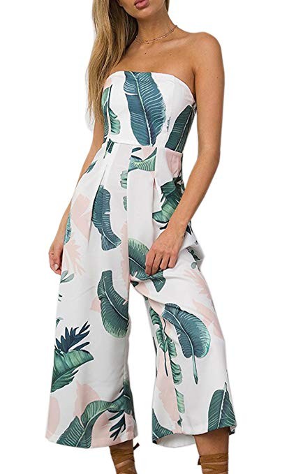ECOWISH Womens Jumpsuits Floral Print Off Shoulder Romper Casual Strapless Wide Leg Pants Jumpsuit | Amazon (US)