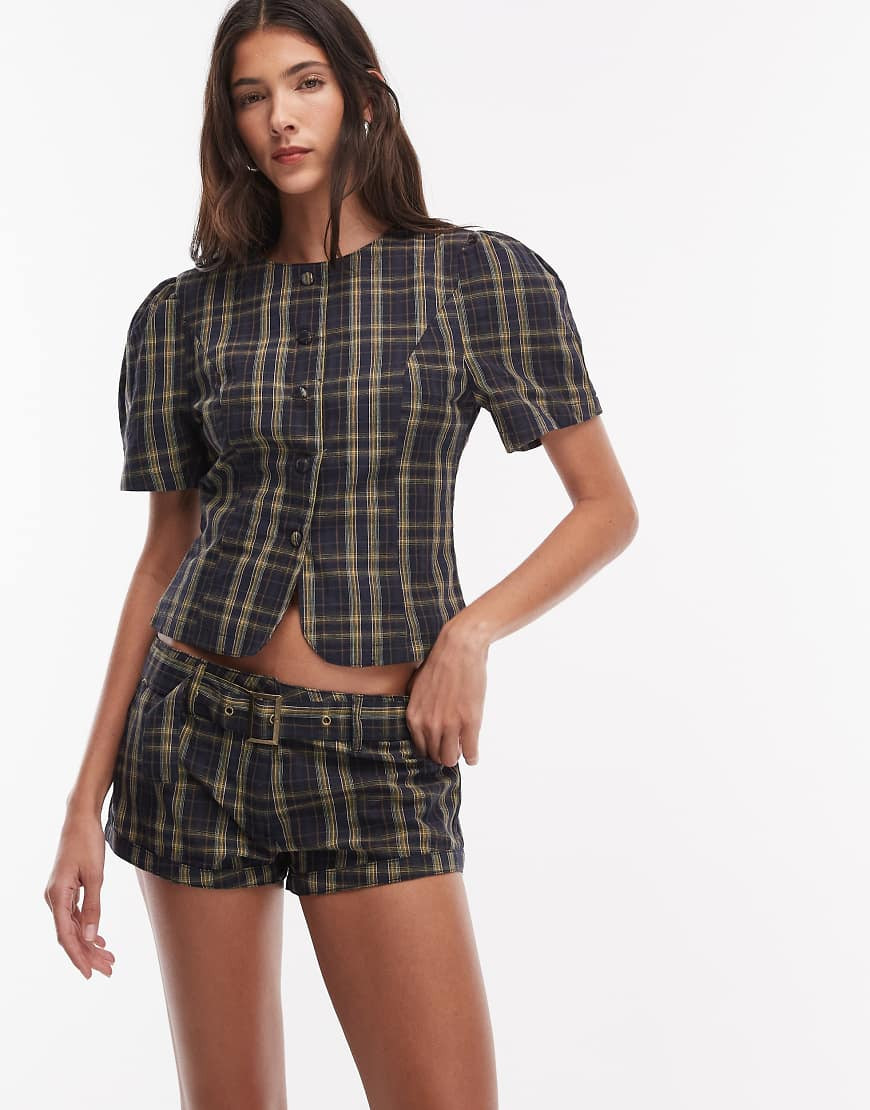 Lioness Afterglow cotton rich belt detail mini shorts in navy and lemon plaid - part of a set-Multi | ASOS (Global)