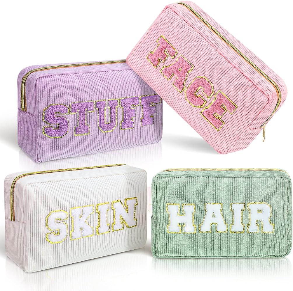 Pinkunn 4 Pcs Corduroy Makeup Cosmetic Bags Christmas Gift Chenille Letter Patch Cosmetic Small P... | Amazon (US)