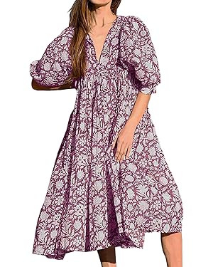 Casual Summer Dresses for Women Swing Floral Half Open Collar Boho Puff Sleeve Loose Midi Beach D... | Amazon (US)
