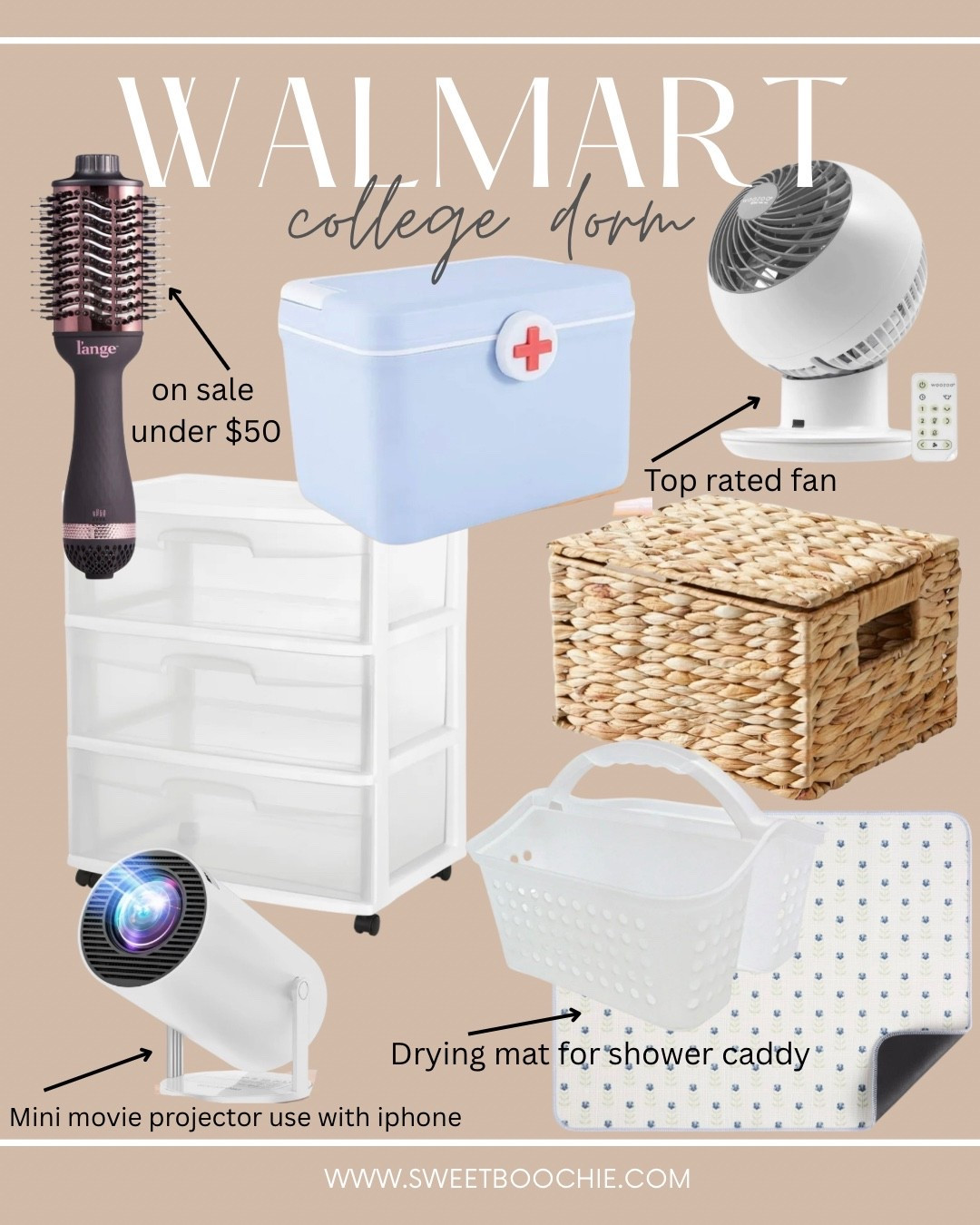 College dorm essentials from Walmart. Medical kit, woozoo fan, basket storage with kid, shower caddy, drying mat, 2 in 1 styling tool for hair, rolling storage drawers, mini movie projector use with iPhone 

#LTKHome #LTKSaleAlert #LTKFindsUnder100