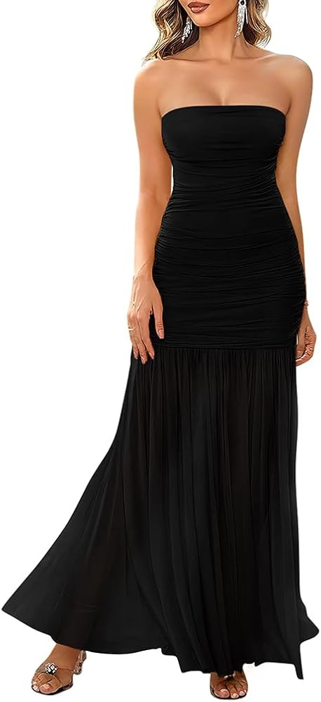 LAGSHIAN Women's Elegant Tube Mesh Maxi Dress Strapless Ruched Bodycon Formal Evening Long Dresse... | Amazon (US)