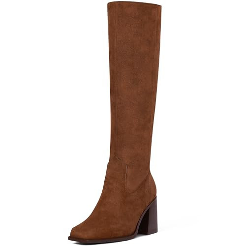 MUCCCUTE Brown Knee High Boots for Women - Suede Boots Square Toe Chunky Block Heel with Side Zipper Pull On Tall Boot US Size 9.5 | Amazon (US)