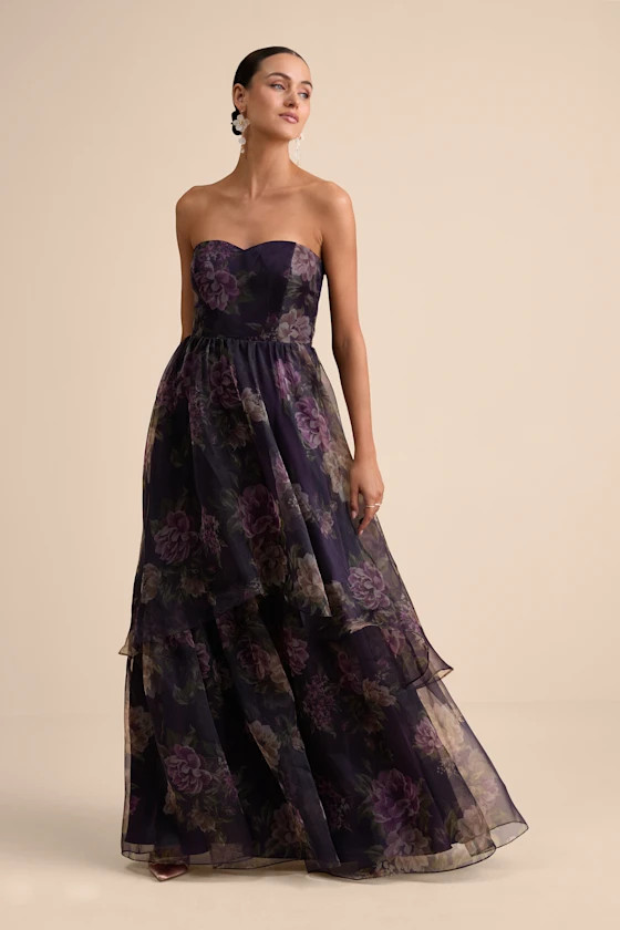 Truly Extraordinary Purple Floral Organza Strapless Maxi Dress | Lulus