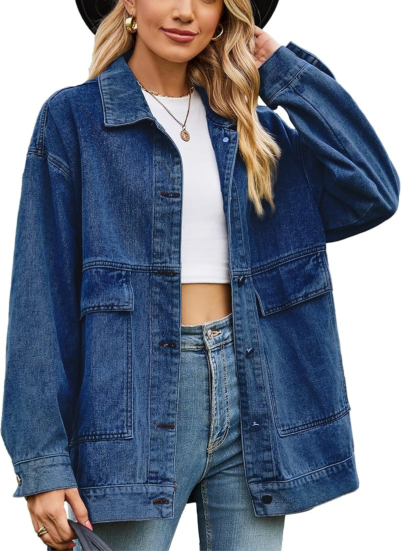 HangNiFang Aztec Denim Jacket Shacket for Women Button Down Vintage Distressed Blue Jean Jacket | Amazon (US)