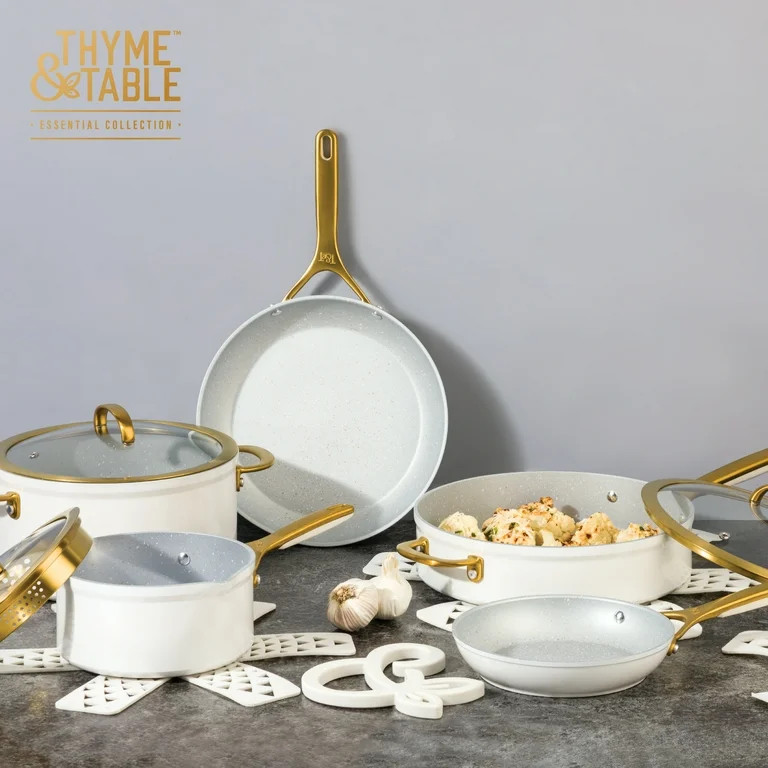 Thyme & Table 12-Piece Non-Stick Supreme Cookware Set, Pots and Pans Set - Cream | Walmart (US)