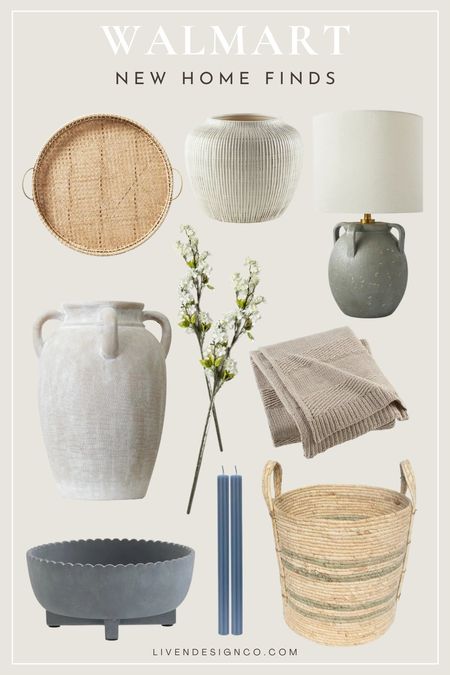 Walmart spring home decor. Coffee table decor. Ceramic vase. Throw blanket. Woven tray. Ceramic jug lamp. Faux spring floral stems. Decorative bowl. Ribbed taper candles. Woven basket.

#LTKSeasonal #LTKfindsunder50 #LTKsalealert