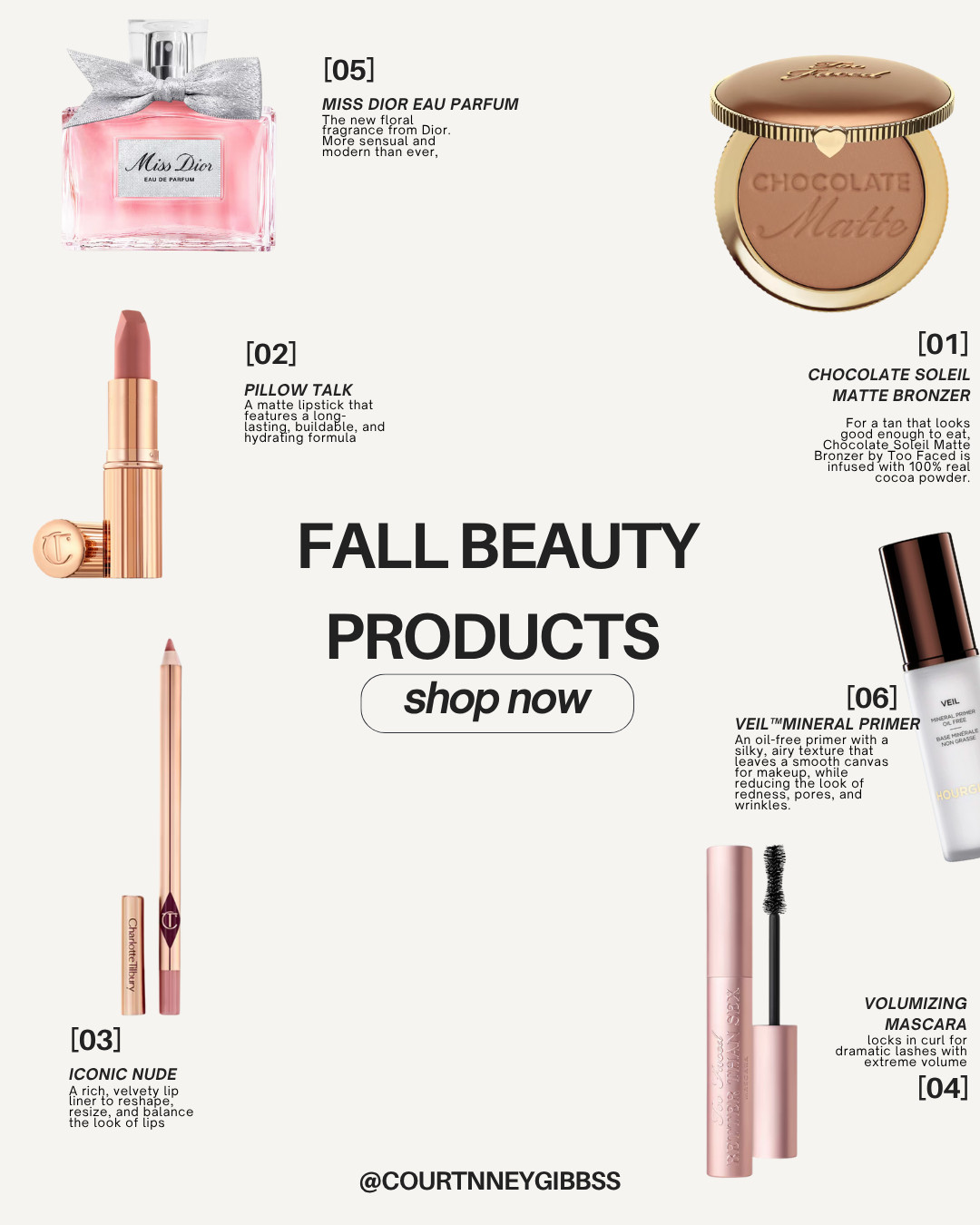 Get your glam ready for the new season with my must-have fall beauty products — a mix of timeless essentials and luxe favorites that give that cozy, golden-hour glow. ✨

From the Too Faced Chocolate Soleil Bronzer for a warm, sunkissed look, to Charlotte Tilbury’s Pillow Talk duo for the perfect nude lip, these picks are everything you need for flawless fall vibes. Top it off with Miss Dior Eau Parfum for a scent that’s equal parts sensual and modern. 💋

🛍️ Shop all products below & update your fall routine! 

 #FallBeauty #MakeupFavorites #BeautyEssentials #FallGlow #Affiliate #LTKHalloween #LTKSeasonal #LTKBeauty