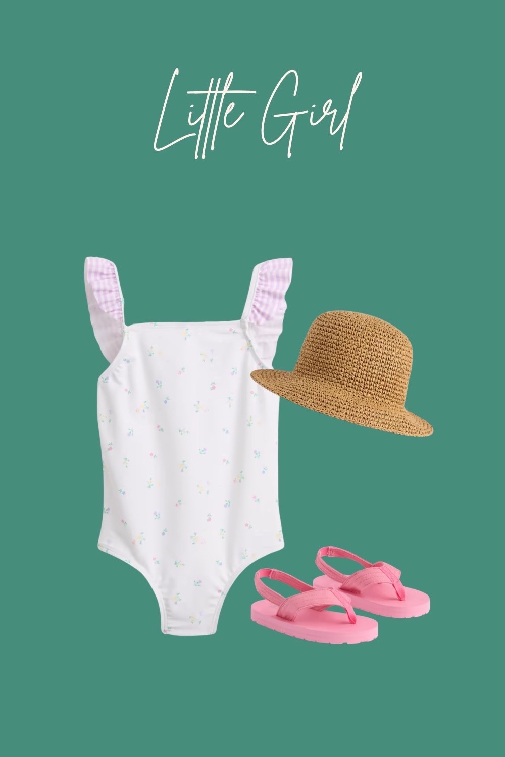Ella’s look 😍 the prettiest ruffle detail in the back of the bathing suit.  I got her 3T.
Pink flip flops

#LTKBaby #LTKKids #LTKSwim