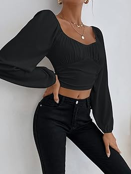 Verdusa Women's Boho Ruched Sweetheart Neck Lantern Sleeve Blouse Crop Top T Shirt | Amazon (US)