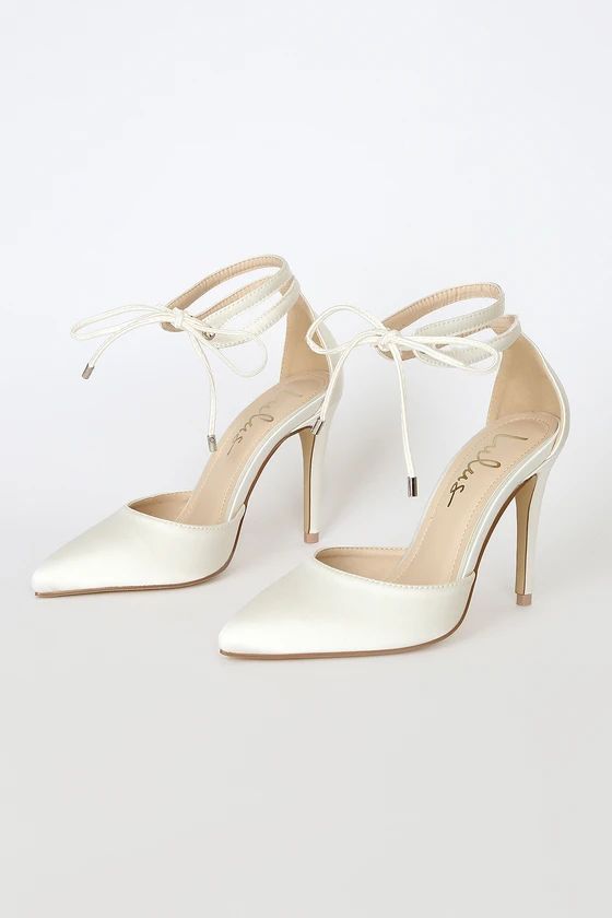 Luykle White Satin Pointed-Toe Ankle Strap Pumps | Lulus (US)