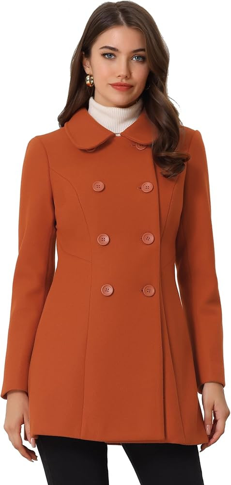 Allegra K Women's Peter Pan Collar Double Breasted Winter Long Trench Pea Coat | Amazon (US)