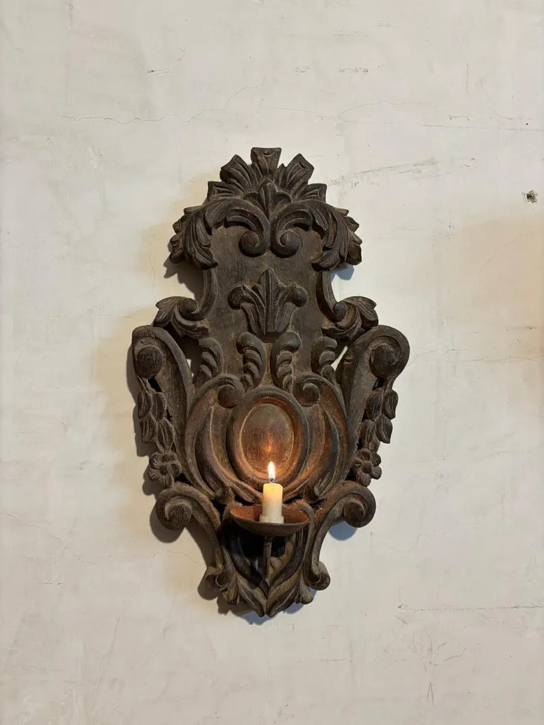 Hand-Carved Wooden Wall Candle Holder | Rustic Vintage Sconce | Boho Home Decor | Etsy (US)
