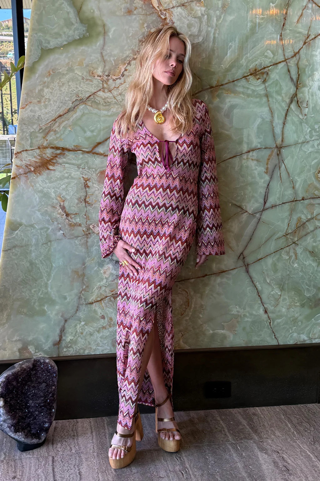 Palermo Pink Crochet Plunge Maxi Dress | 12th Tribe