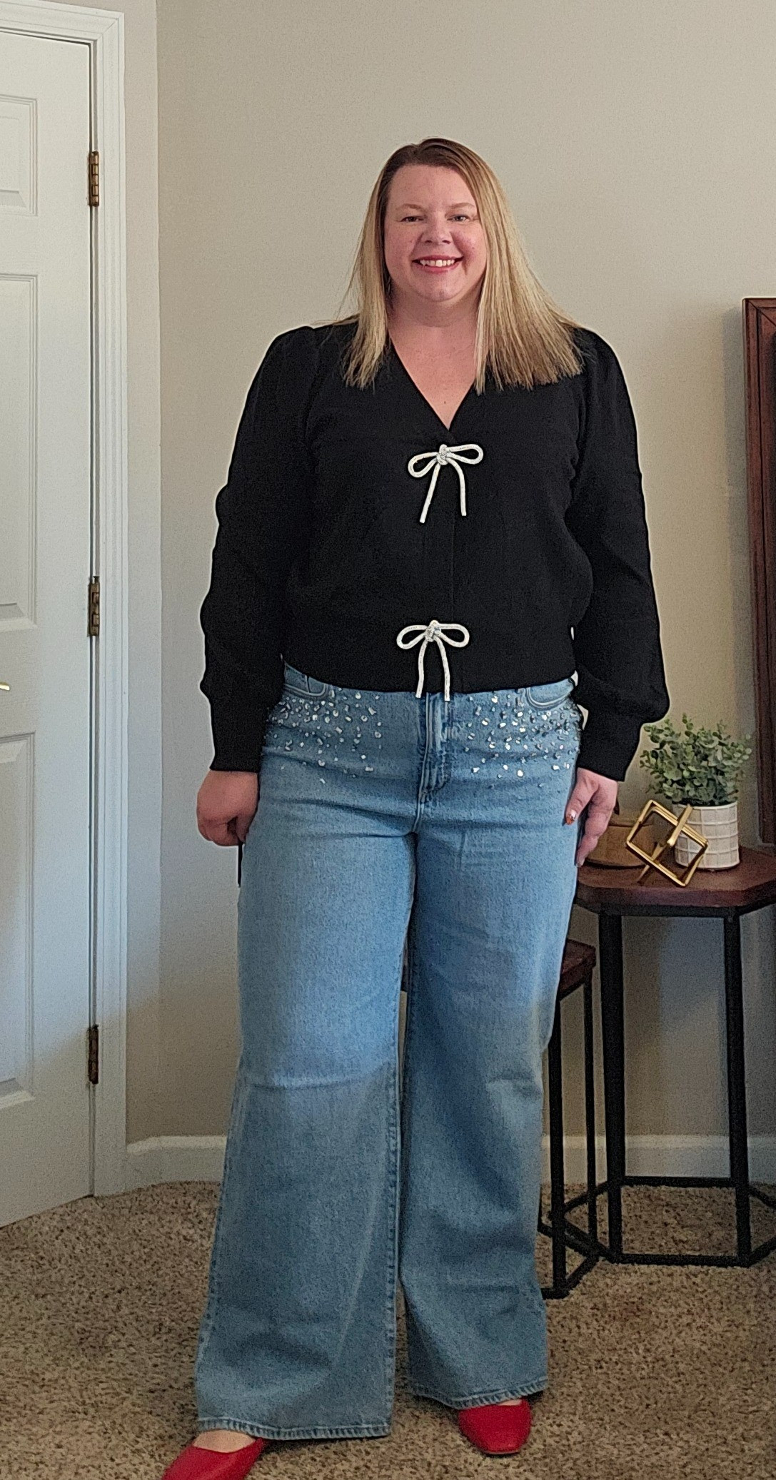 Bow top XXLBedazzled jeans size 18- ran bigRed mary Jane's size 11

#LTKHoliday #LTKParties #LTKStyleTip