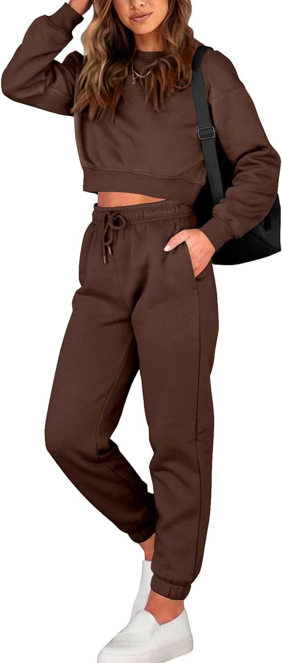 BTFBM Women 2 Piece Outfits Long Sleeve Crop Top Pullover Drawstring Pant Jogger Set Casual Sweat... | Amazon (US)