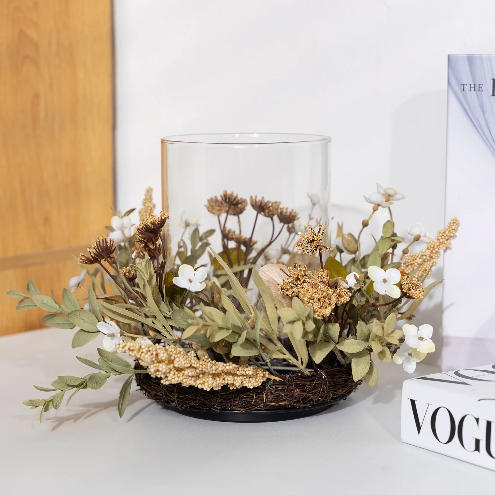 Mainstays Decorative Hurricane Pillar Candleholder with Faux Florals, 8" | Walmart (US)