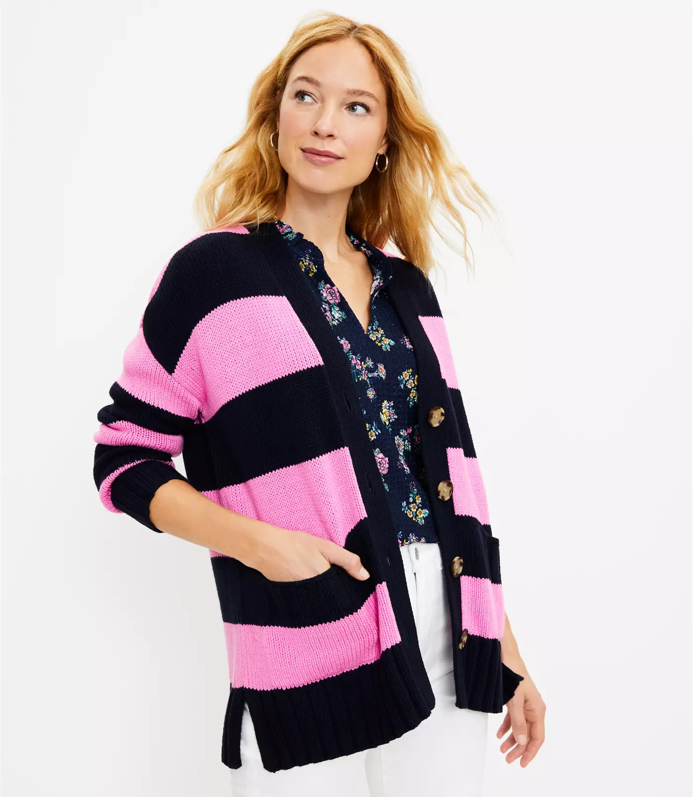 Striped Relaxed V-Neck Pocket Cardigan | LOFT