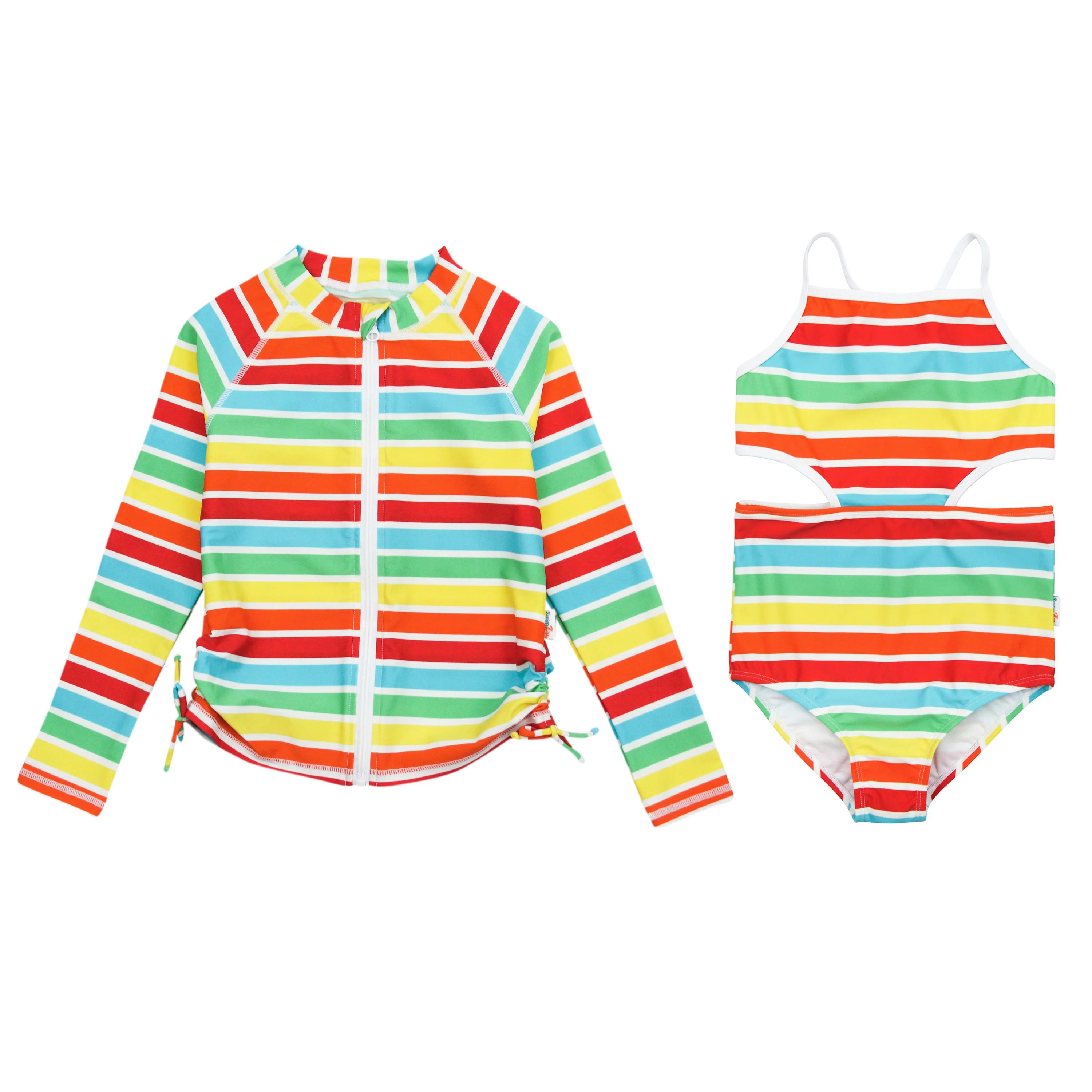 Girl's One-Piece Cut Out Swimsuit and Long Sleeve Rash Guard Set | "Rainbow" | SwimZip