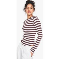 Womens Ribbed Striped Long Sleeve Top - Brown - 16, Brown | Boohoo.com (UK & IE)