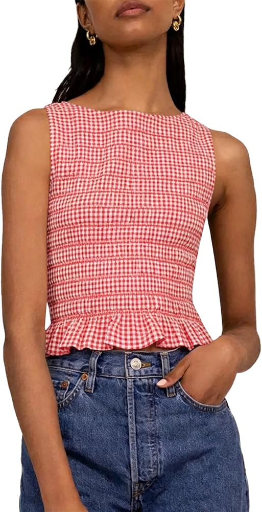 Women Shirred Tank Top Ruffle Sleeveless Tanks Frill Smocked Halter Cami Tops Summer Streetwear | Amazon (US)