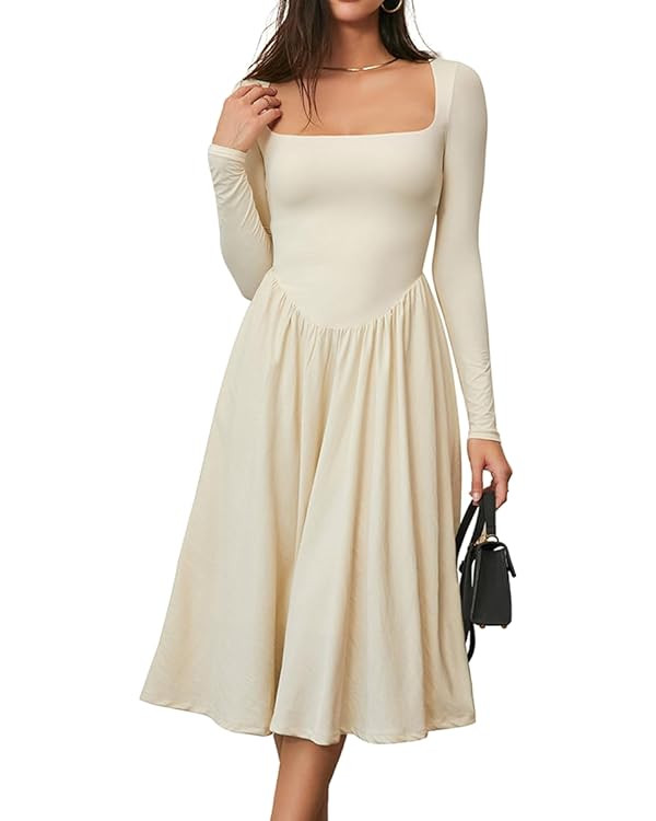 CHYRII Women Spring Fashion 2025 Square Neck Long Sleeve Casual A-Line Midi Dress | Amazon (US)