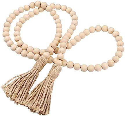 VOSAREA Wood Bead Garland Farmhouse Beads with Tassel Wall Hanging Prayer Beads Rustic Country Be... | Amazon (US)