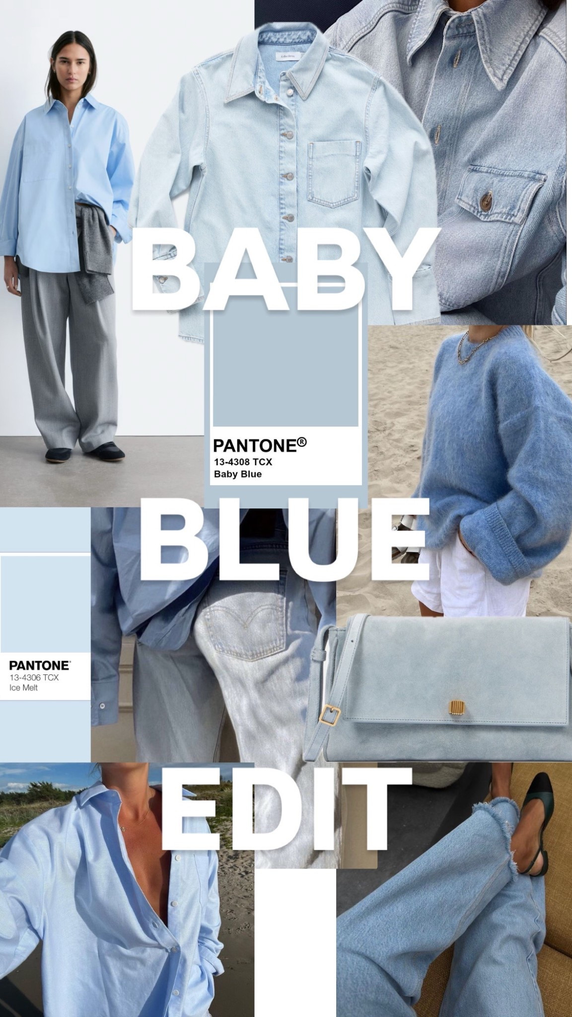 Blue knitwear
Baby blue knits
Wide leg jeans 
Denim shirt 

#LTKFashionMonth #LTKspring #LTKstyletip