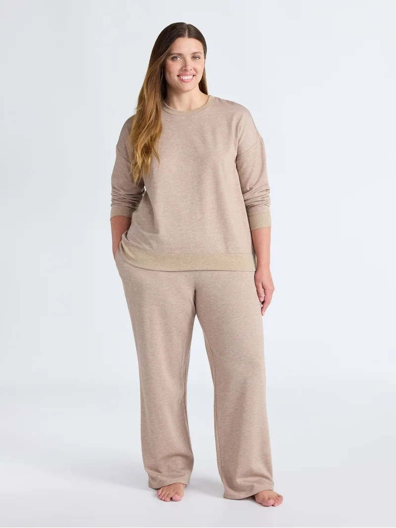 Joyspun Women's Fleece Long Sleeve Top and Straight Leg Pants Lounge Set, 2-Piece, Sizes XS-3X | Walmart (US)