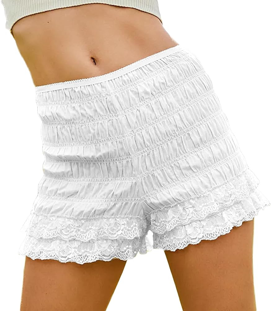 Women Ruffle Lace Trim Bloomers Y2k Smocked Boy Shorts Lolita Pumpkin Pants Cute Frill Ruched Blo... | Amazon (US)