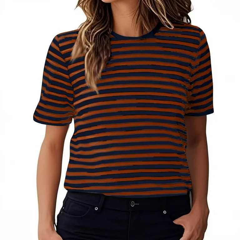 Women's Short Sleeve Crewneck Striped T Shirt 2025 Trendy Color Block Crewneck Casual Loose Basic... | Walmart (US)