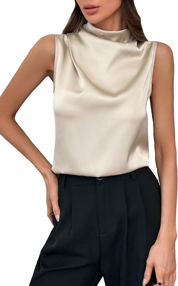 Verdusa Women's Mock Neck Draped Blouse Sleeveless Satin Tank Top | Amazon (US)