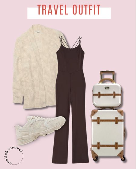 The perfect travel outfit. Cute and simple! I love this suitcase and the jumpsuit + cardigan combo! 

#LTKtravel #LTKstyletip