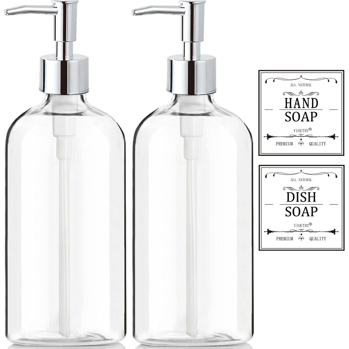 Clear Soap Dispenser with Rust Proof Pump, Waterproof Labels (2 Pack,16 Oz), Plastic Hand Soap Di... | Amazon (US)