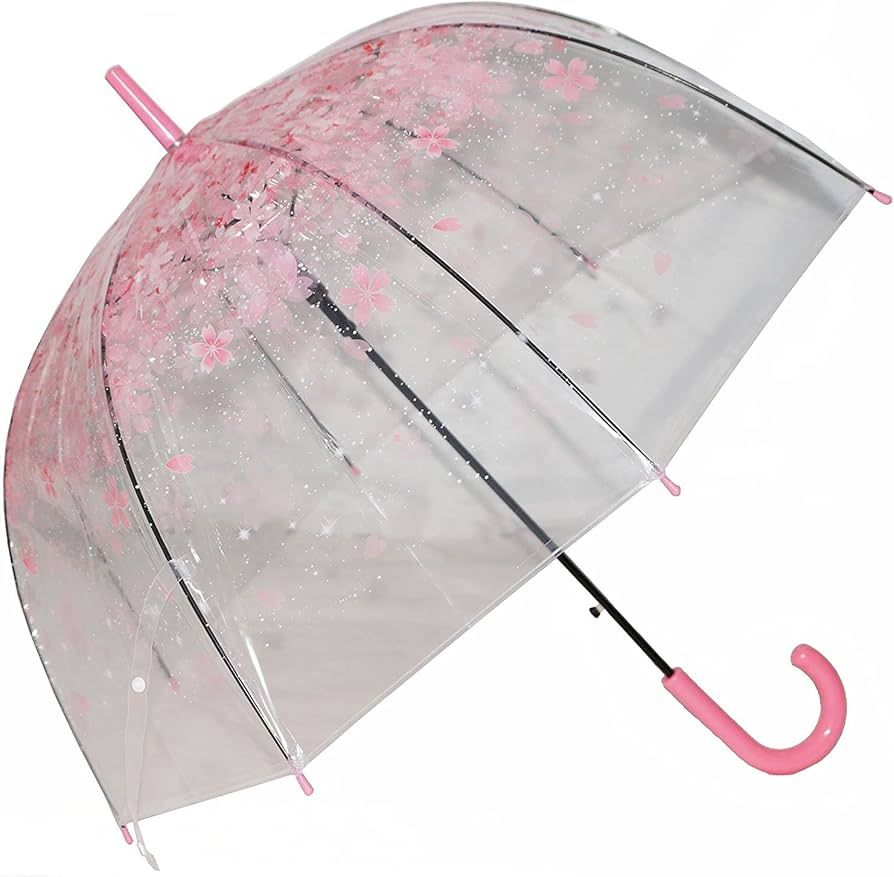 Kung Fu Smith Pink Flower Clear Bubble Umbrella for Kids Girls, Auto Open Cherry Blossom Stick Ra... | Amazon (US)