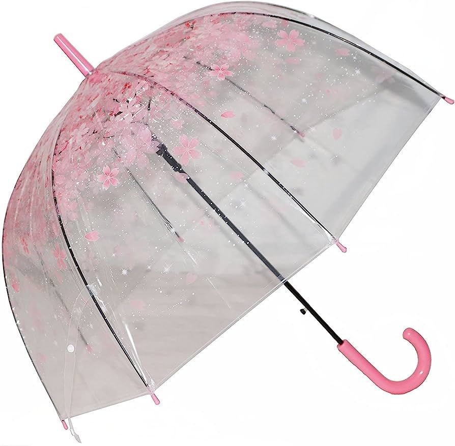 Kung Fu Smith Pink Flower Clear Bubble Umbrella for Kids Girls, Auto Open Cherry Blossom Stick Ra... | Amazon (US)