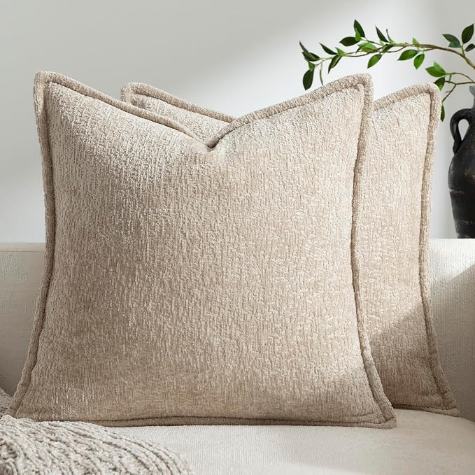 Pack of 2 Tan Decorative Throw Pillow Covers 22x22 Cozy Soft Chenille Accent Vintage Square Couch... | Amazon (US)