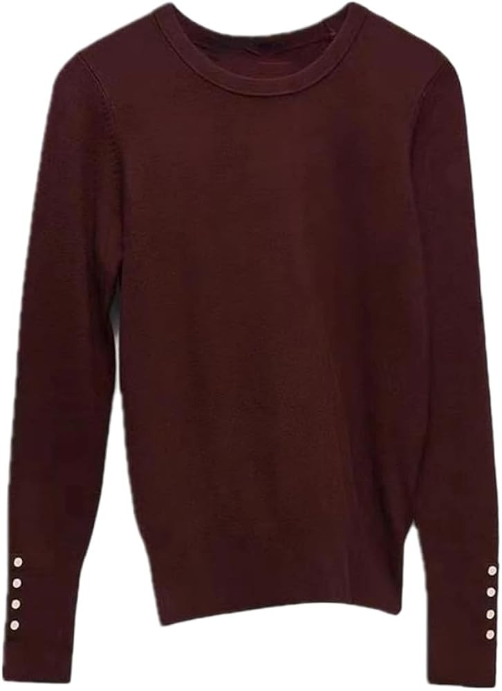 Women's Pullover Sweater O-Necked Long Sleeves with Buttons Casual Solid High-Stretch Shirts Top | Amazon (US)