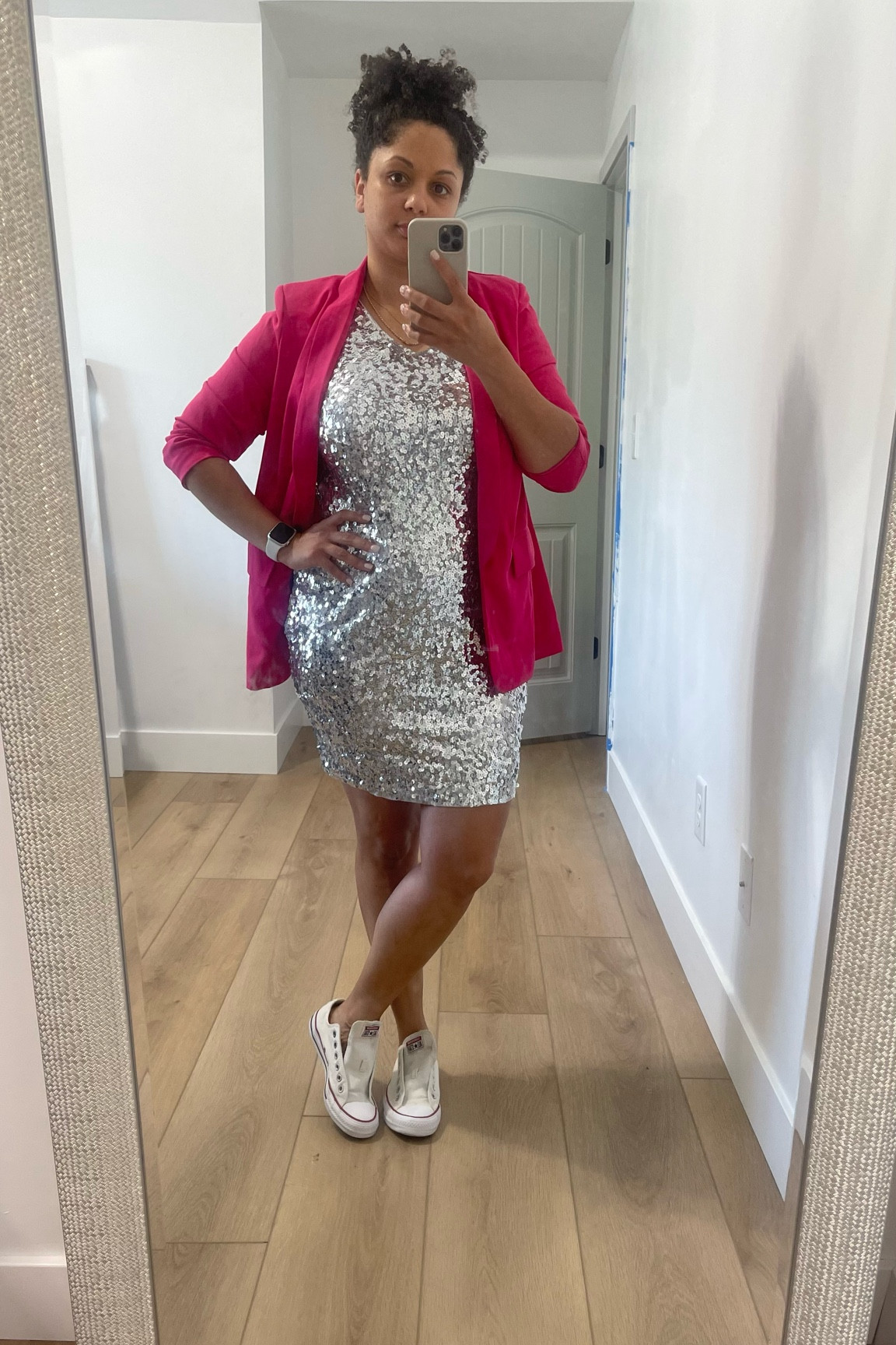 Sizing 
Silver sequin dress: Large 
Pink blazer: Medium

For reference I am 5’5” 173 lbs 

Sequin mini dress 

#LTKunder50 #LTKcurves