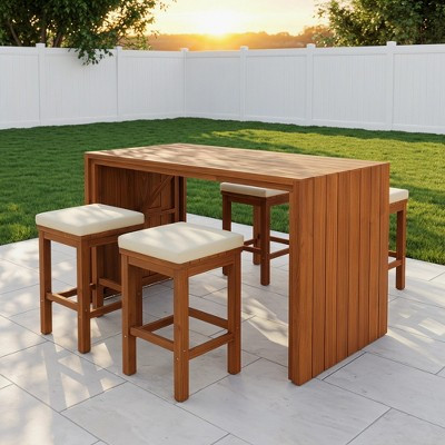 5-Piece Acacia Wood Outdoor Bar Set with Cushioned Stools – Patio Bar-Height Table for Backyard, Poolside, Balcony, Natural Wood & Beige | Target